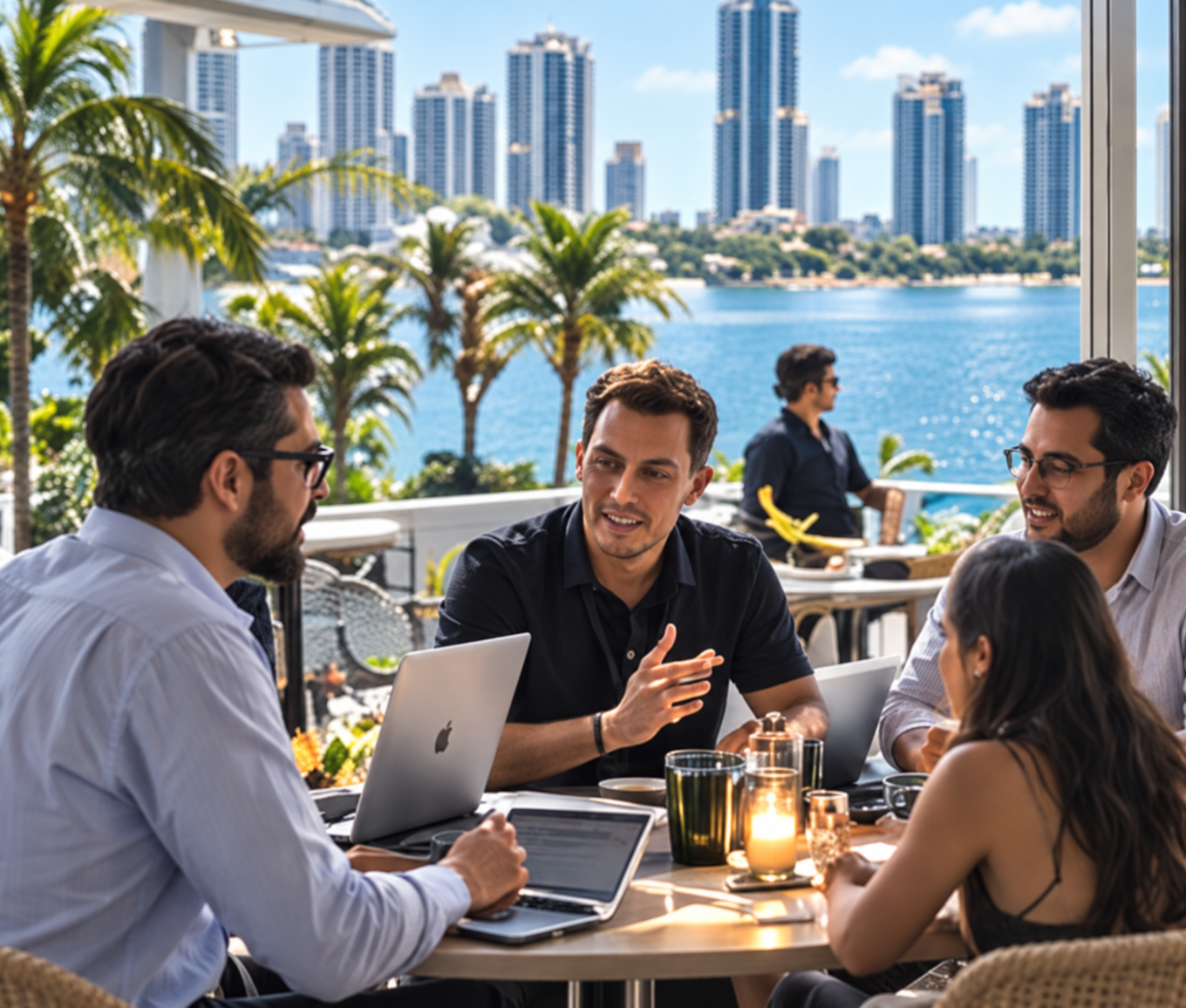 Fundadors parlant de projectes en un club vora el mar