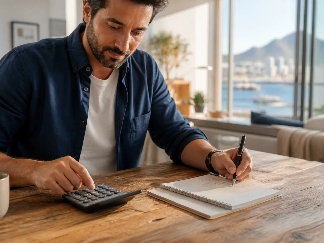A parent planning with a calculator and notebook