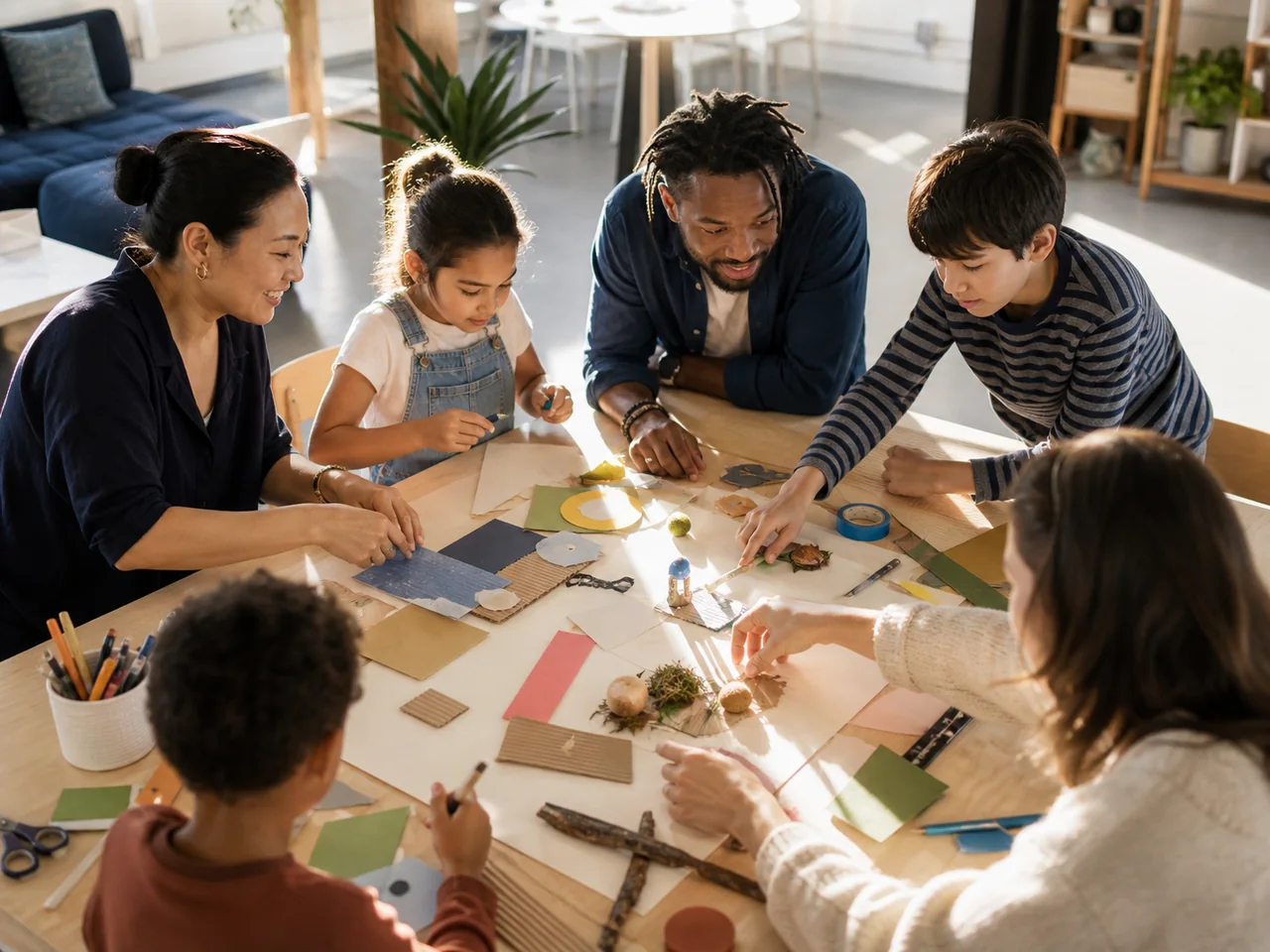 Adults and children creating something together