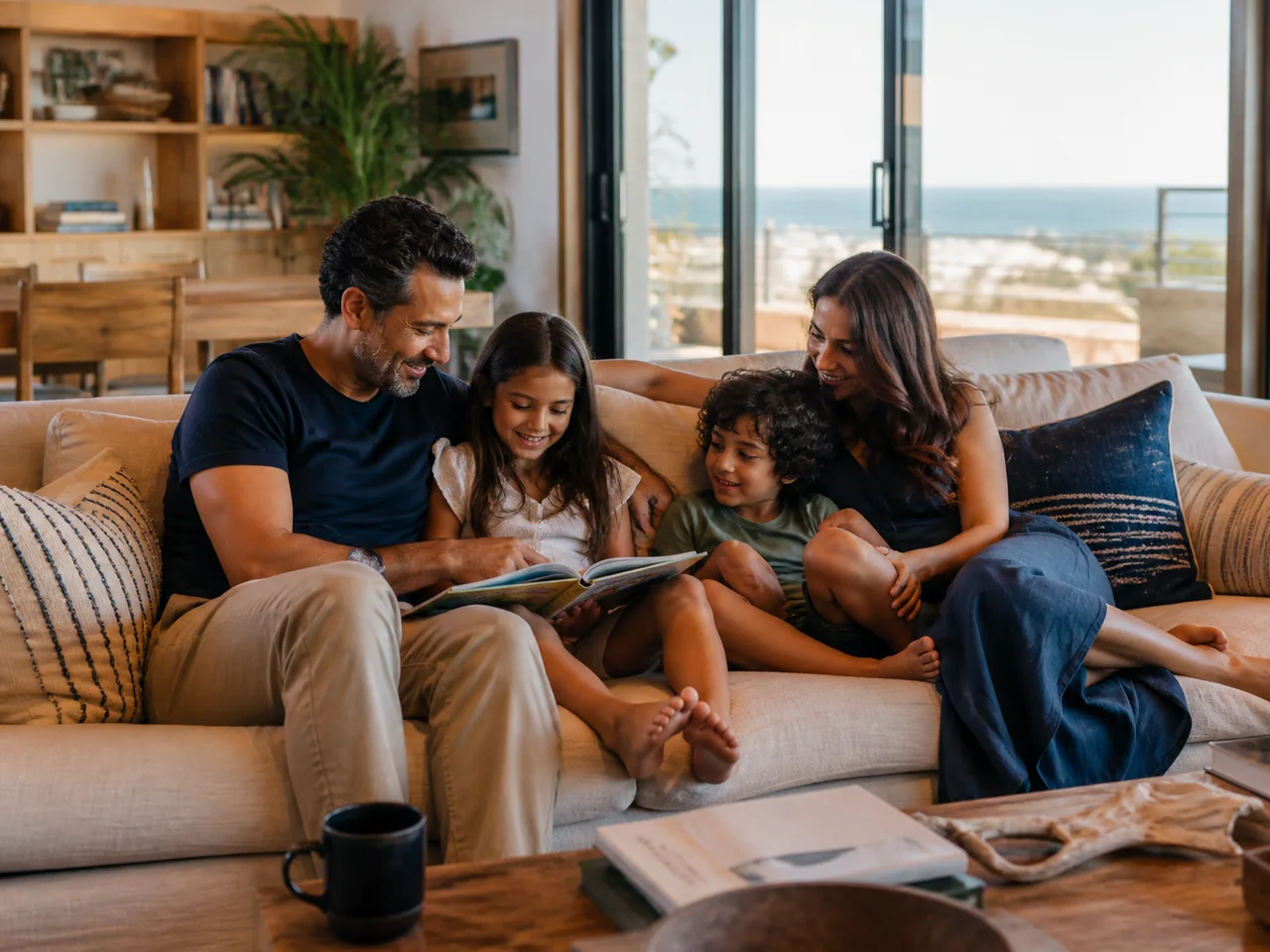 A family sharing a quiet moment together at home