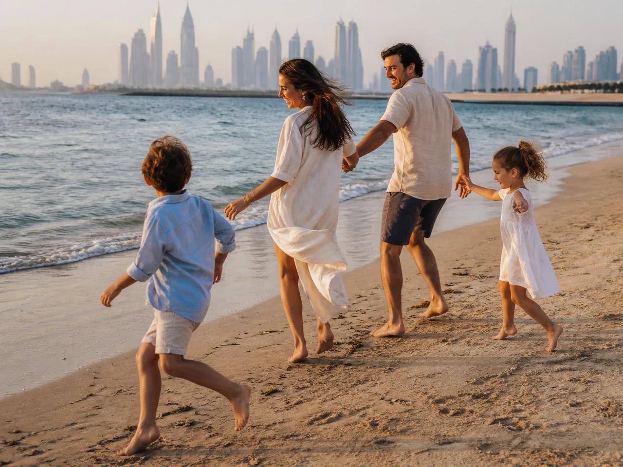 A family moving together along the beach