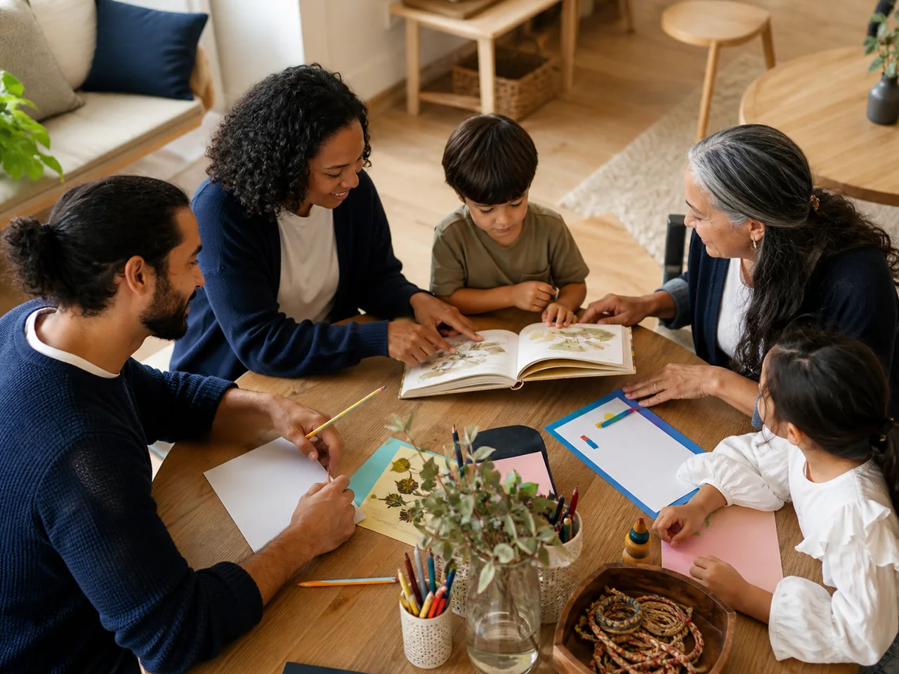 Adults and children sharing books and creative materials