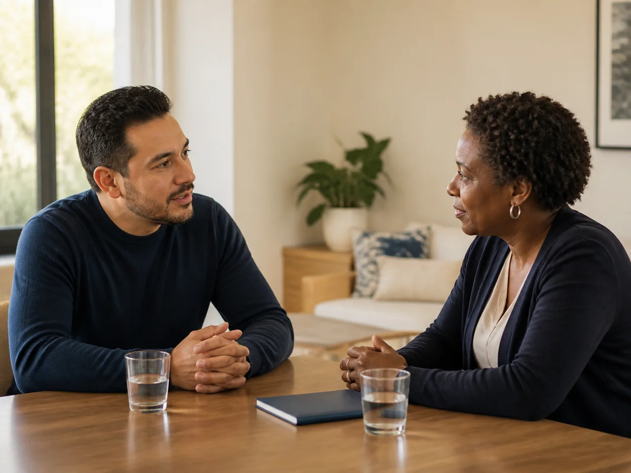 Two adults discussing a family question