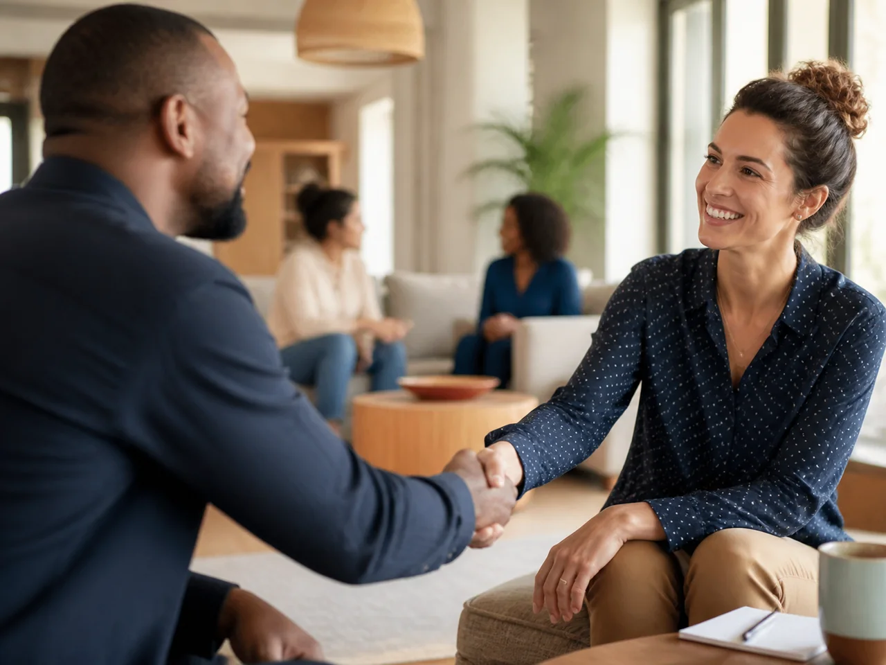 Two adults greeting each other after a conversation