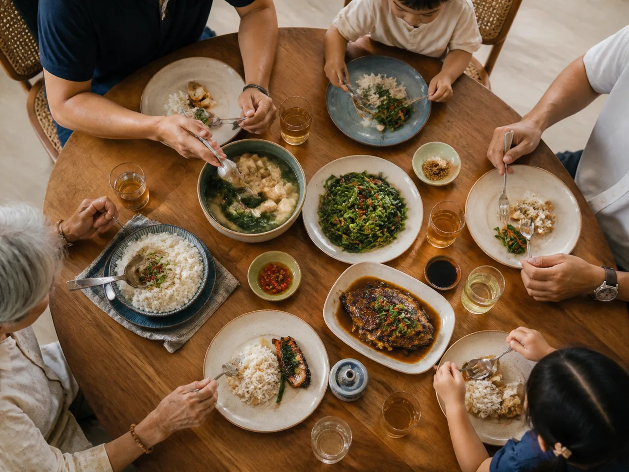 A family sharing a meal around a table