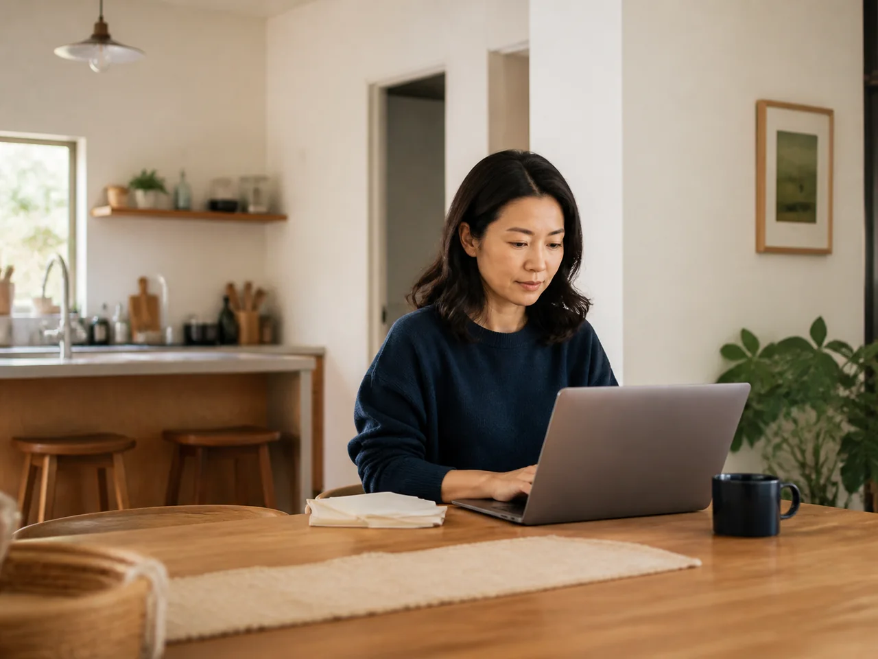 A parent working at a laptop at home