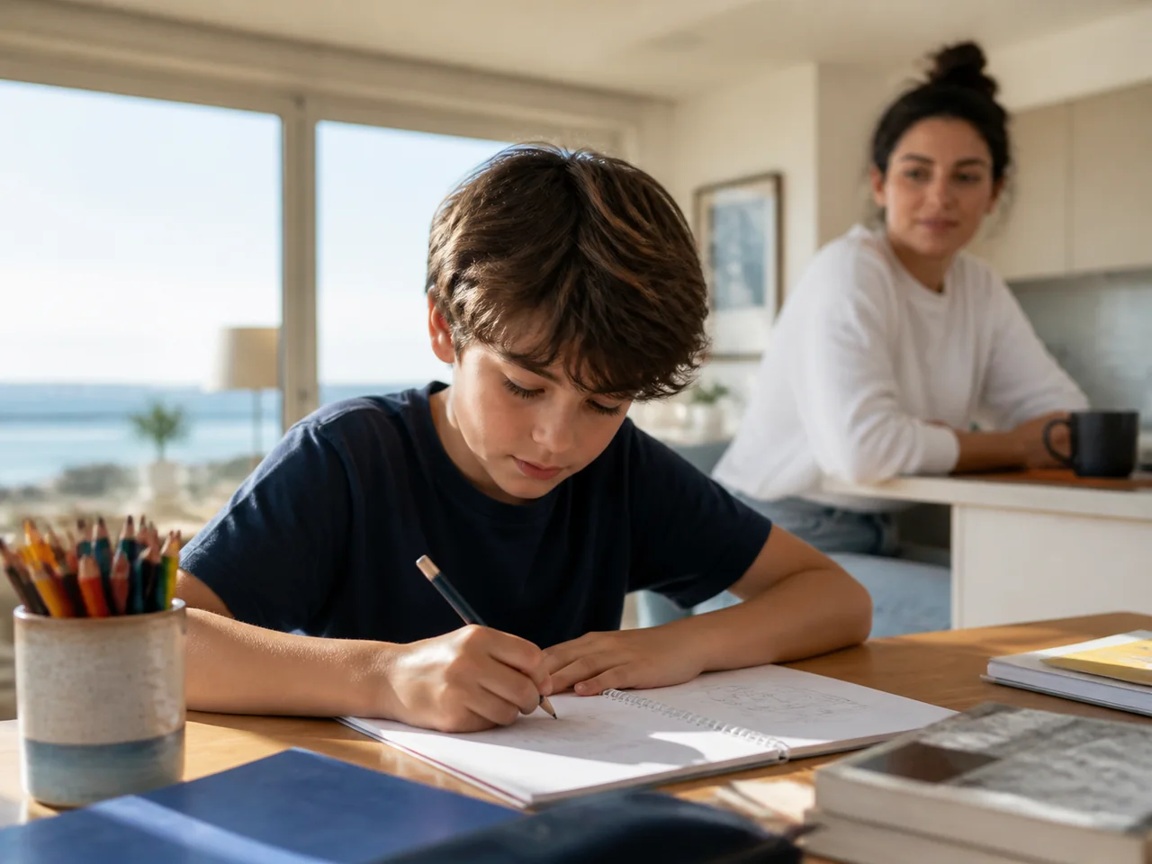 A child drawing at a bright desk