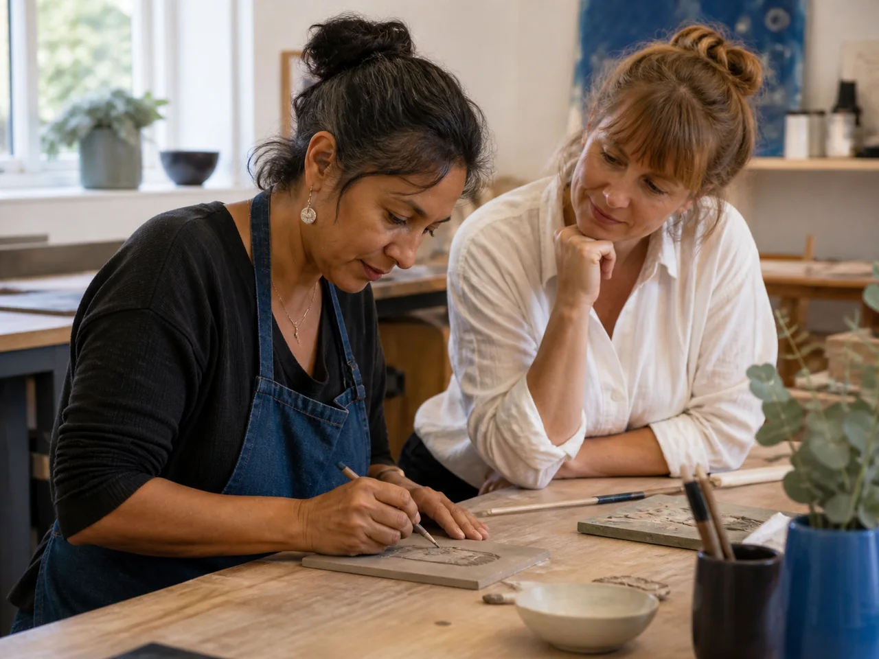 Two adults working together on a practical creative task