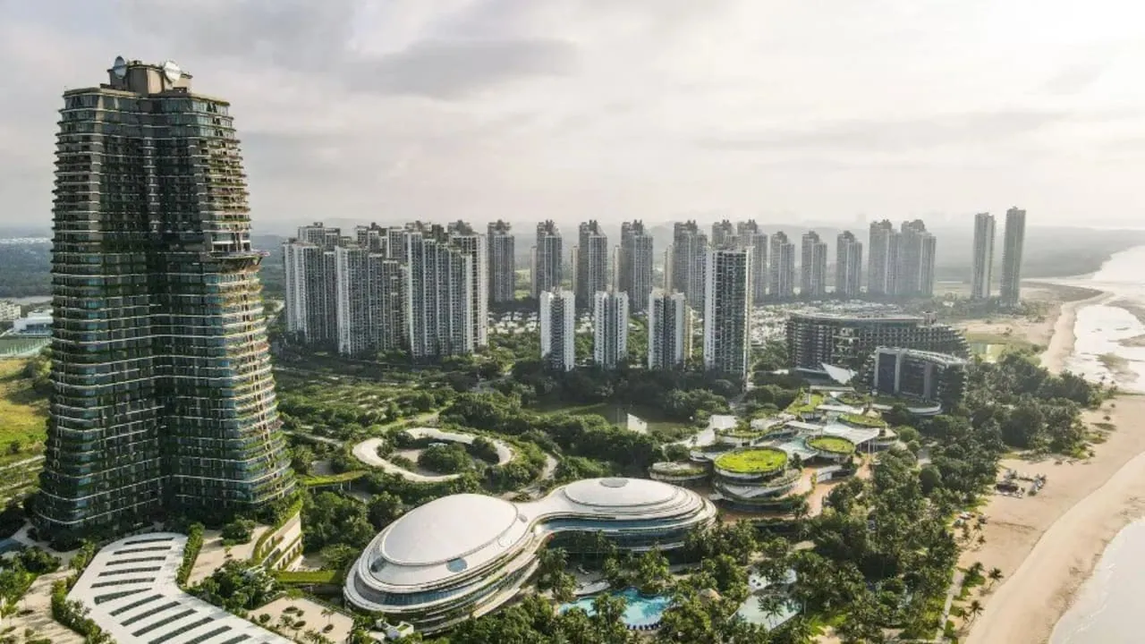 Aerial view of Forest City towers and coastline