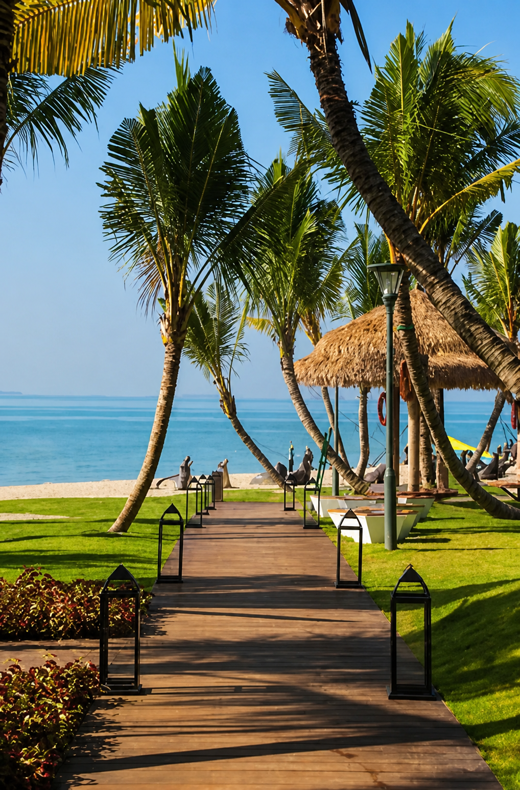 Palm-lined walkway leading towards the Forest City waterfront.