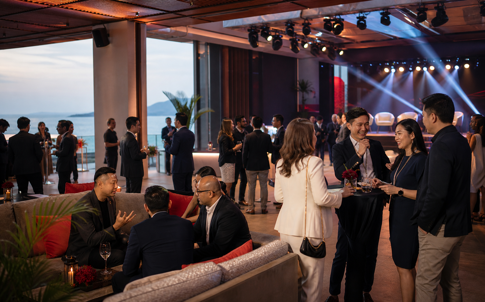 Creative visual of an international business event in a contemporary coastal venue