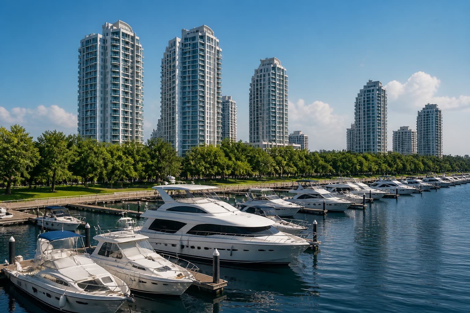 Forest City marina with yachts and residential towers