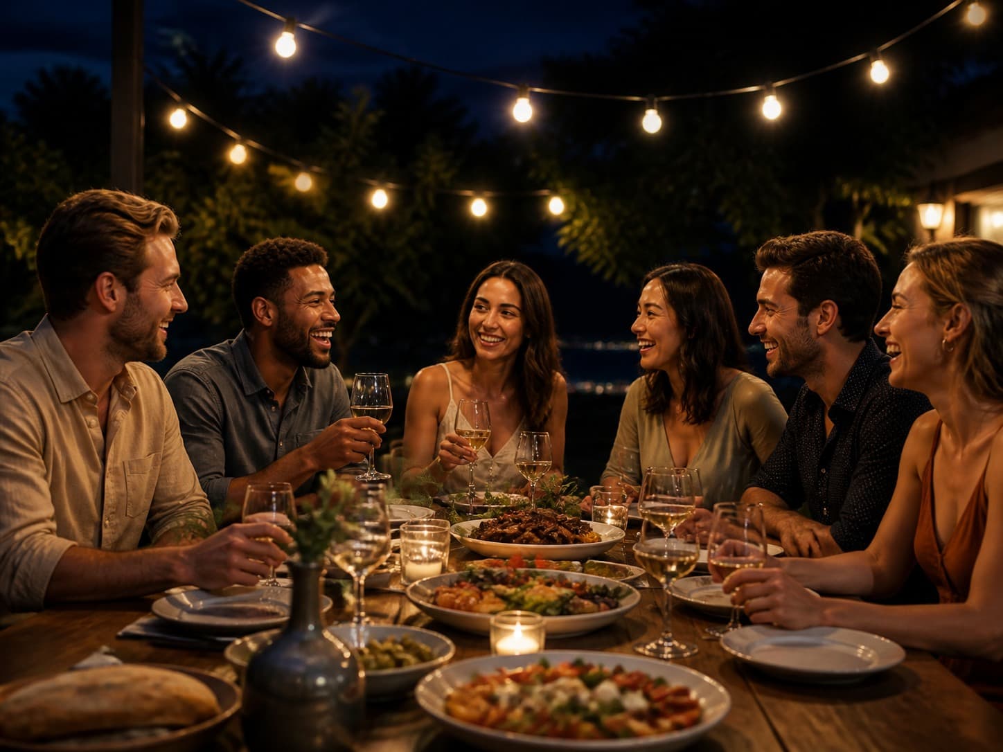 Friends sharing a hosted dinner beneath warm string lights