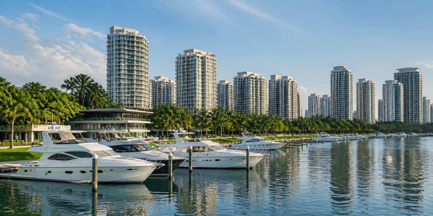 Forest City marina, yachts and waterfront towers