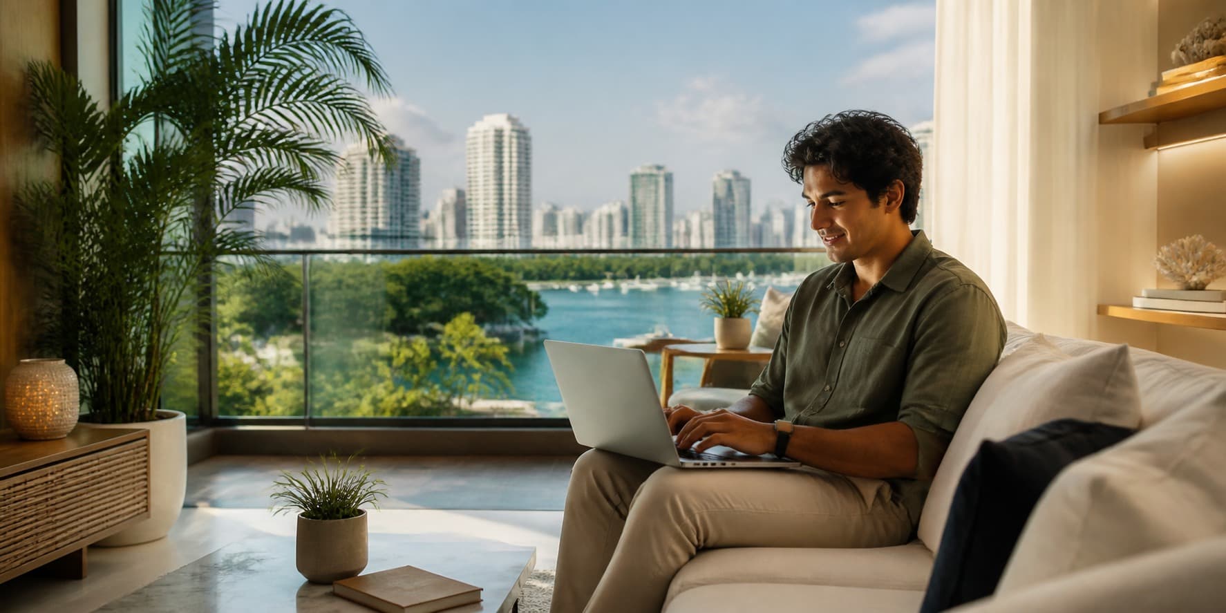 A member working from a tropical apartment lounge
