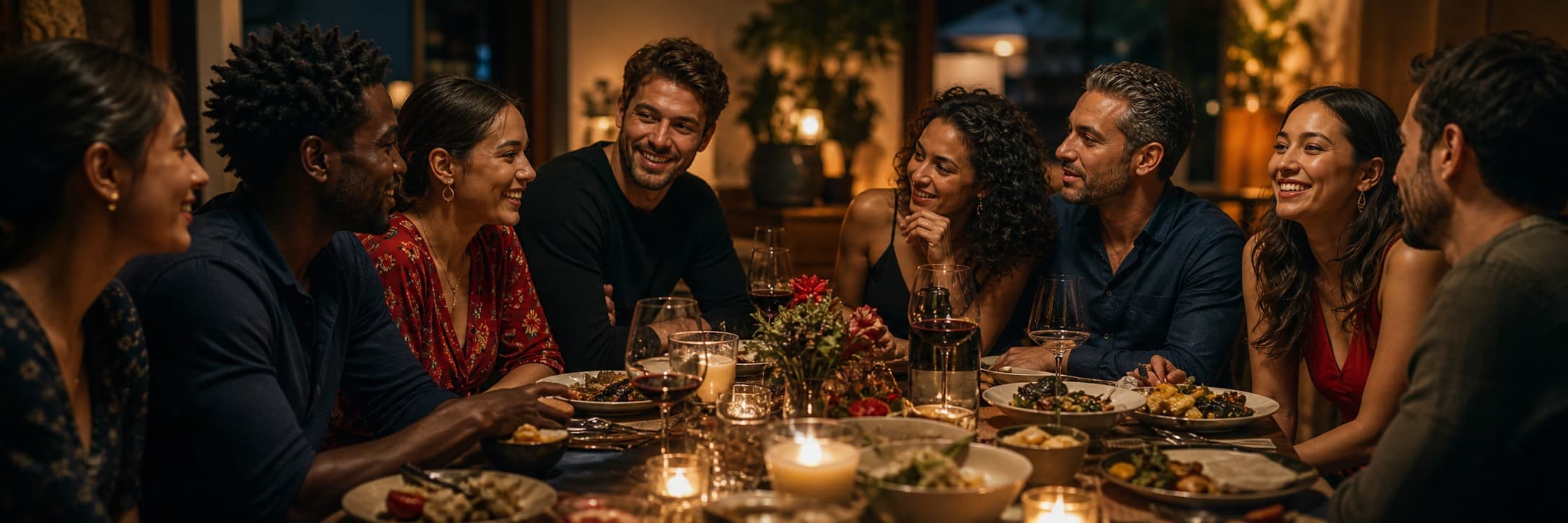 Friends gathered for a warm hosted cultural dinner