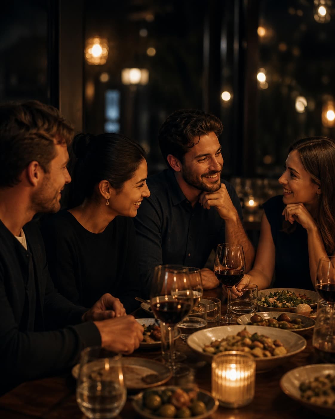 Friends sharing an intimate candlelit dinner