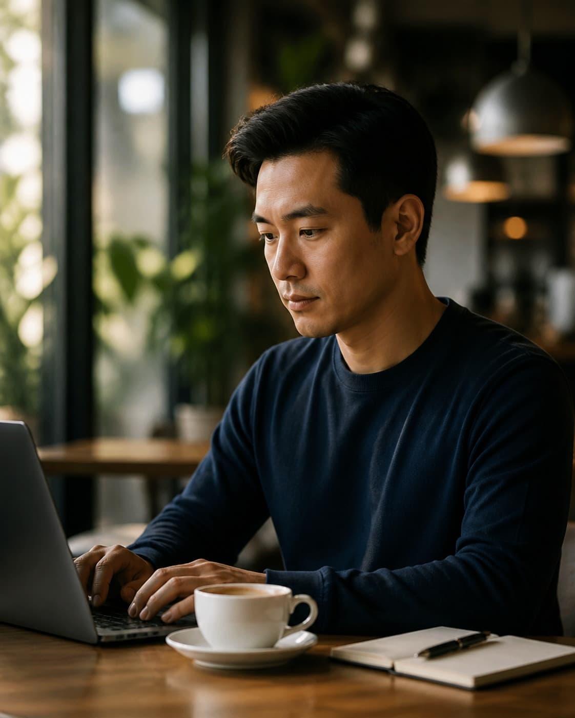 A member focused on morning work with coffee and a laptop