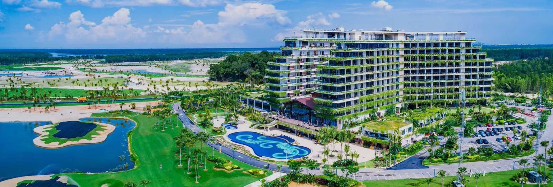Aerial view of Forest City Golf Hotel, gardens and pool