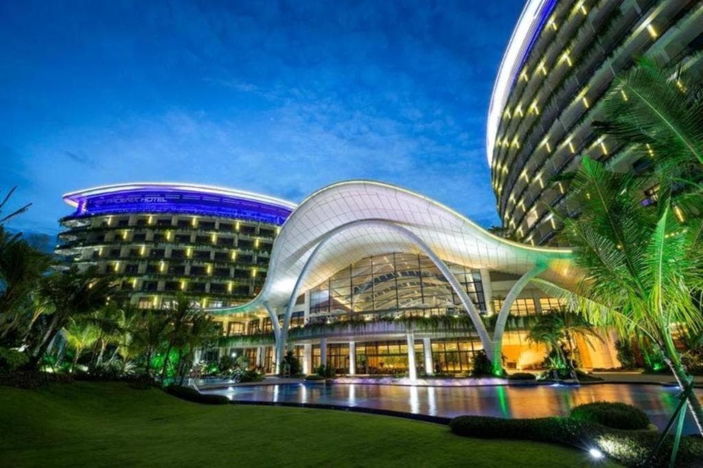 Forest City Marina Hotel entrance illuminated at night