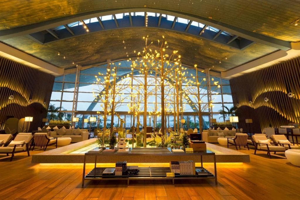Marina Hotel lobby lounge with illuminated tree installation