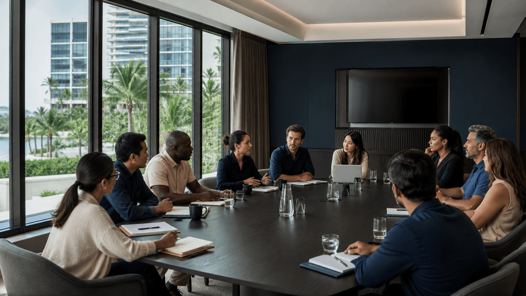 A company team holding a facilitated workshop around a long boardroom table