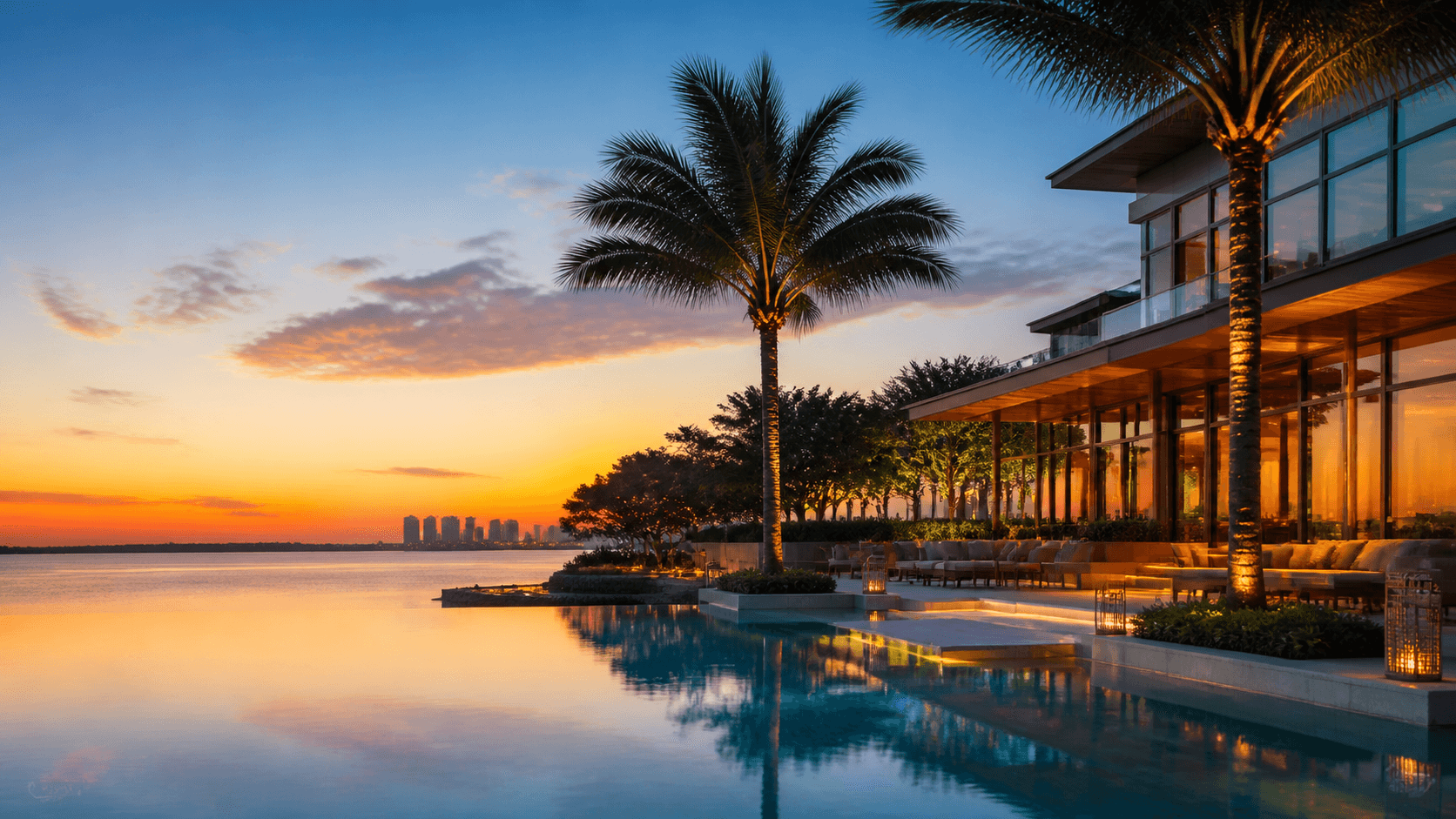 A warm waterfront resort and infinity pool framed by tropical planting