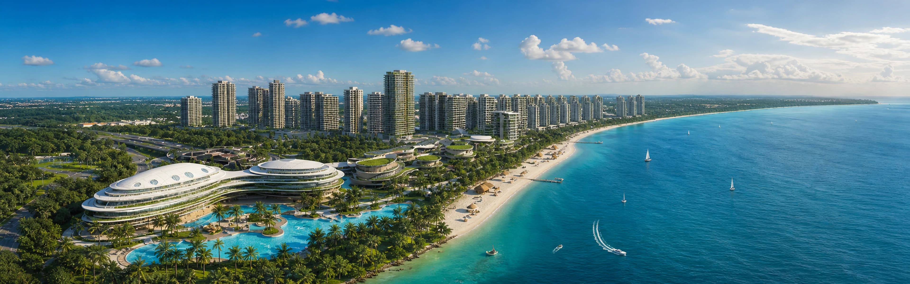 Forest City skyline, tropical shoreline and blue sea seen in a wide coastal panorama