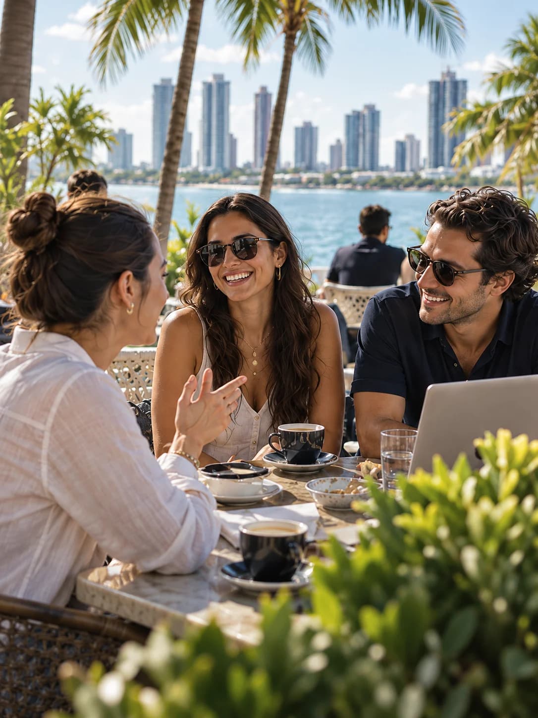 Persones conversant en un cafè al costat de l’aigua