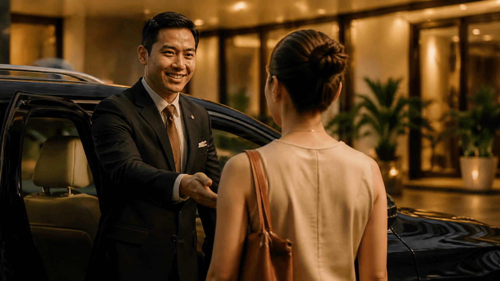 A CRAYS host welcomes a guest beside a car on arrival