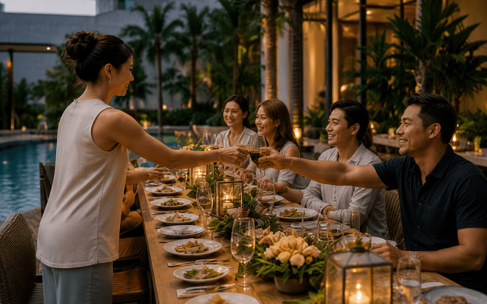 A CRAYS host welcomes four guests to a warm garden dinner