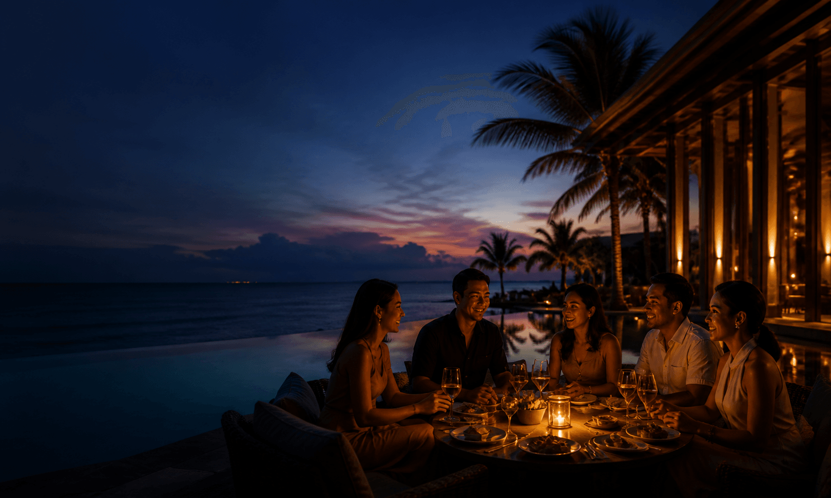 Five friends share a candlelit evening beside a CRAYS infinity pool