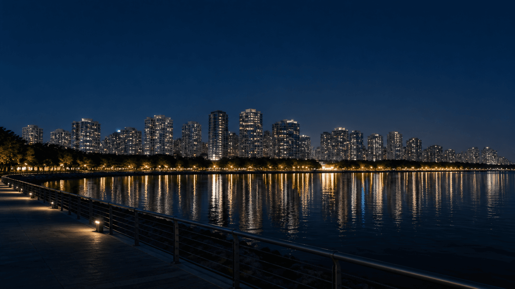 Forest City waterfront at night; place context only, not conference archive media.