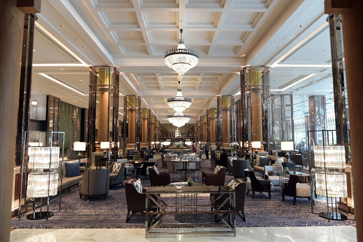 Premium independent hotel lobby with lounge potential