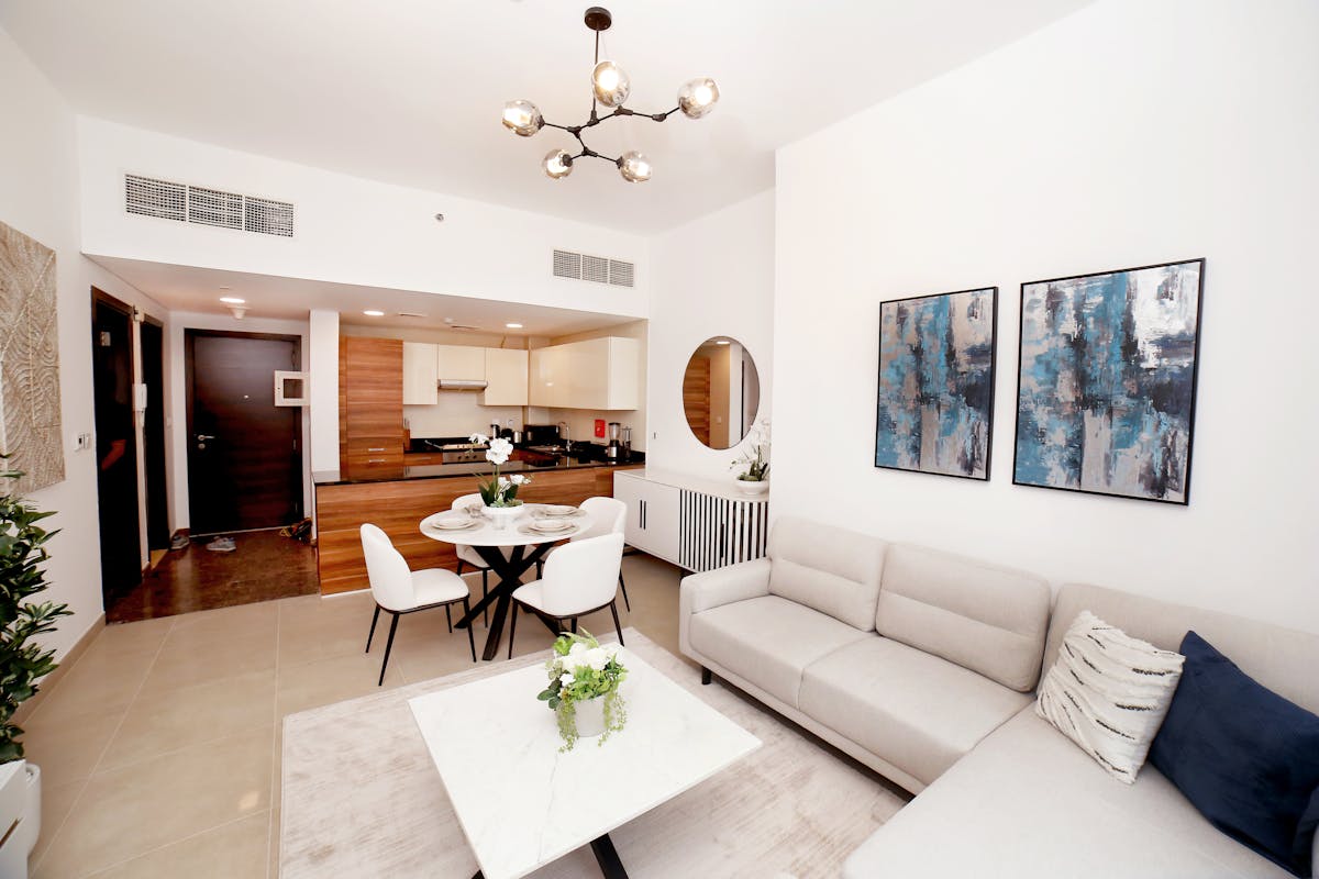 Bright serviced apartment living room for longer stays