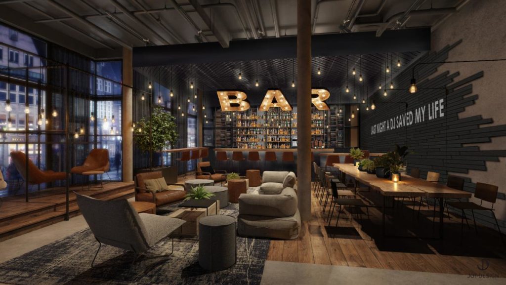 Crays hospitality lounge with bar, work table and local character